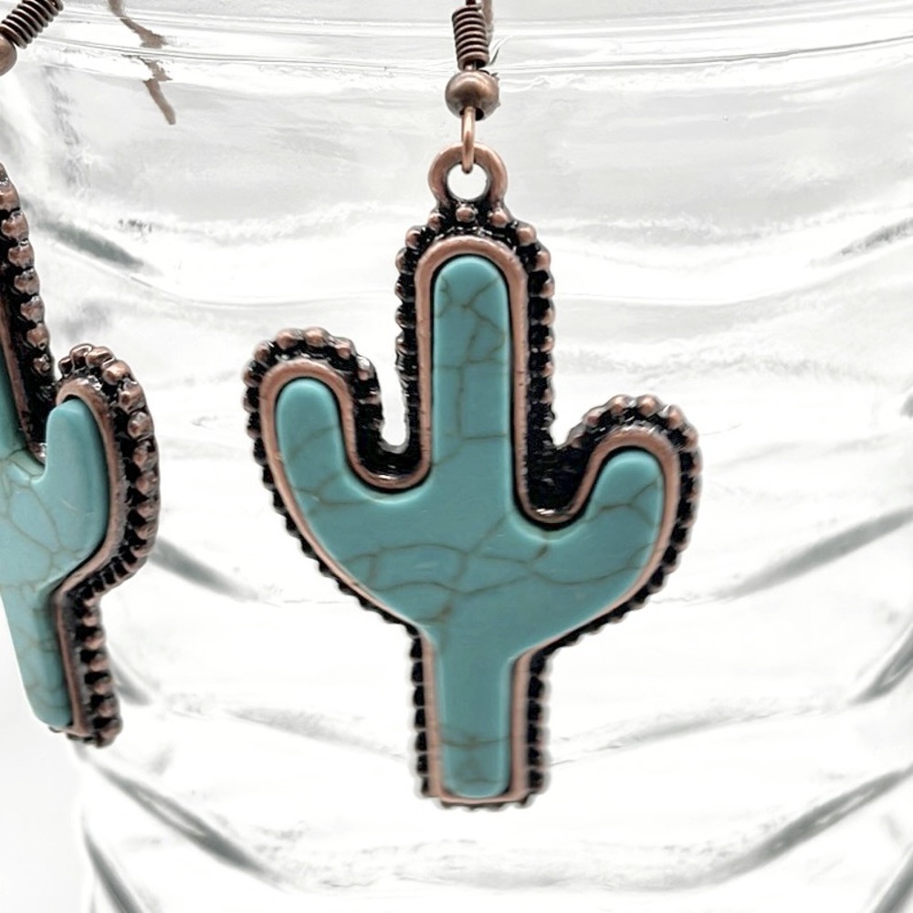 Turquoise and Cactus Dangle Earrings - Picture 3 of 4
